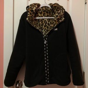 Victoria’s Secret Pink Reversible Leopard Print Fleece Hoodie With Pockets